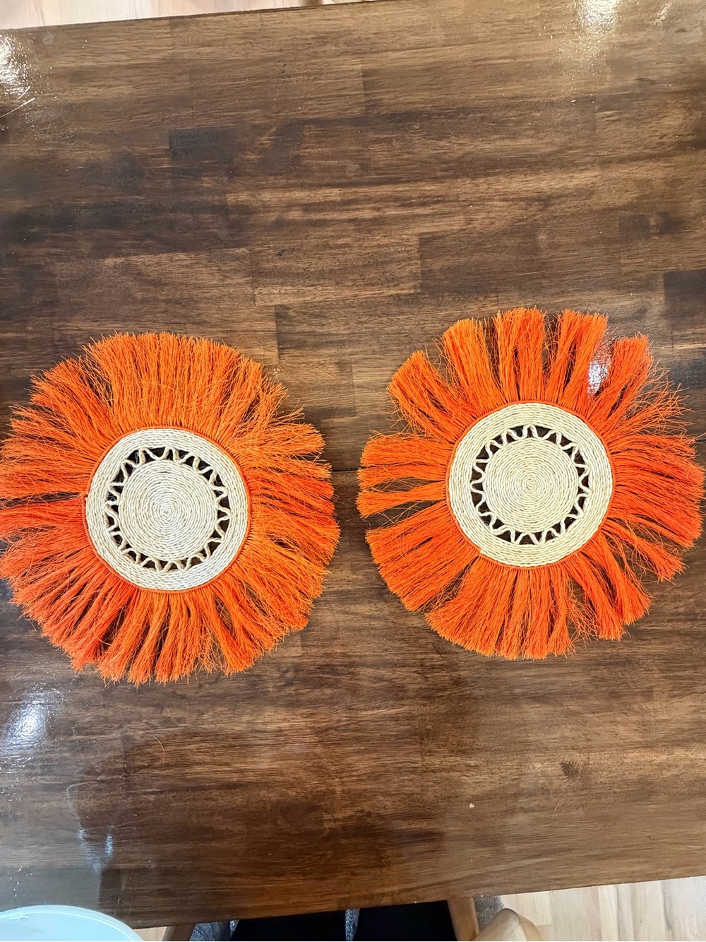 Vtge 14” Boho Handwoven Orange Fringe Raffia Set 2 Placemats or Wall Decor Fall